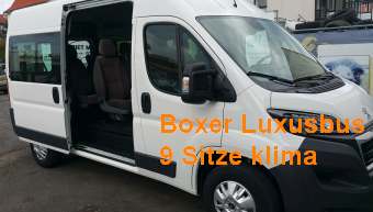 9-Sitzer Peugeot Boxer Luxusbus sparsam, Diesel, Klima, Navi, Bluetooth, AHK   Unten stehende Tarife gelten bei Onlinebuchung